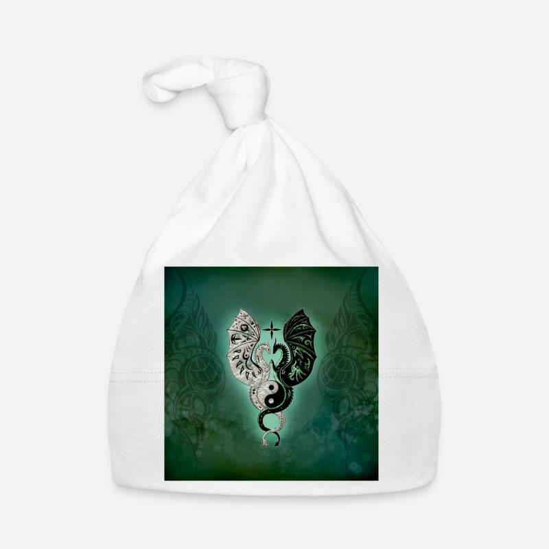 Dragons avec yin et yang chantant - Bonnet bio Bébé - blanc