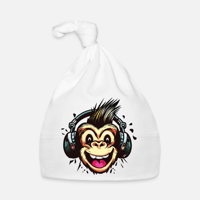Lustiger DJ Monkey mit Kopfhörern Baby Bio-Mütze