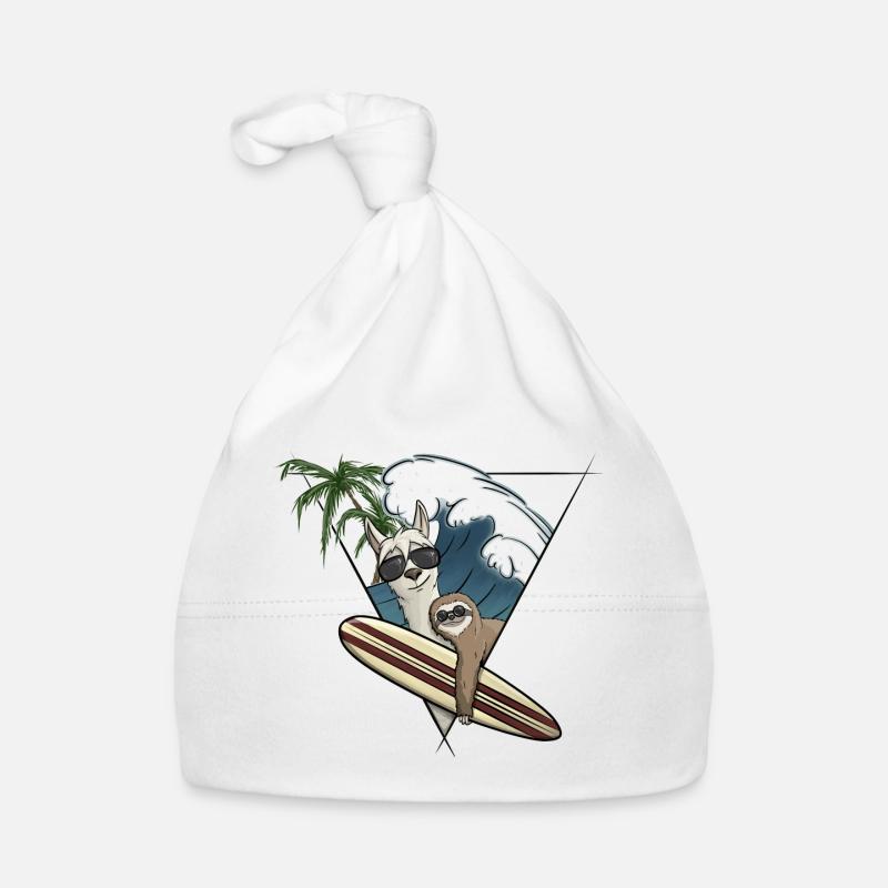 Surf Holiday Llama & Sloth Surfboard Wave Palm Trees Organic Baby Cap