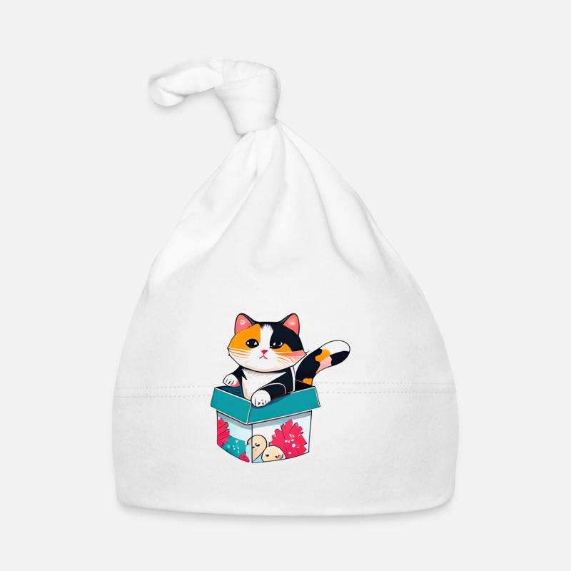Eine orangefarbene Katze in einer Kiste, mit ihrem Fell Baby Bio-Mütze