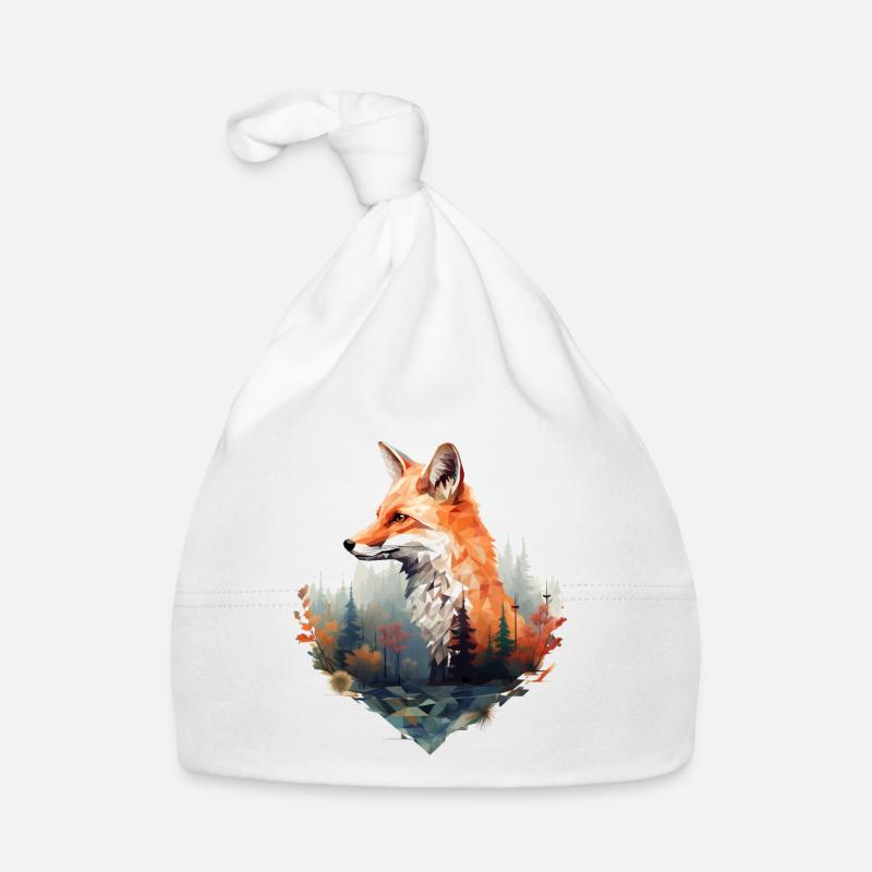 Renard géométrique avec forêt à l’aspect triangulaire - Bonnet bio Bébé - blanc