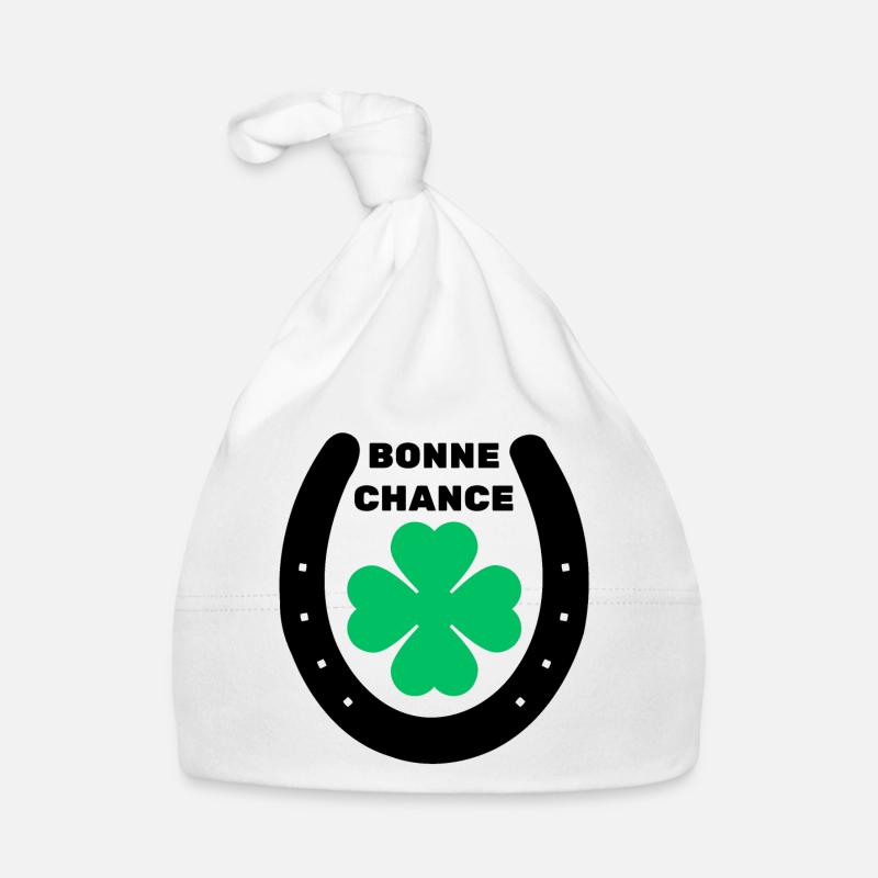 Bonne chance trèfle 4 feuilles fer à cheval - Bonnet bio Bébé - blanc