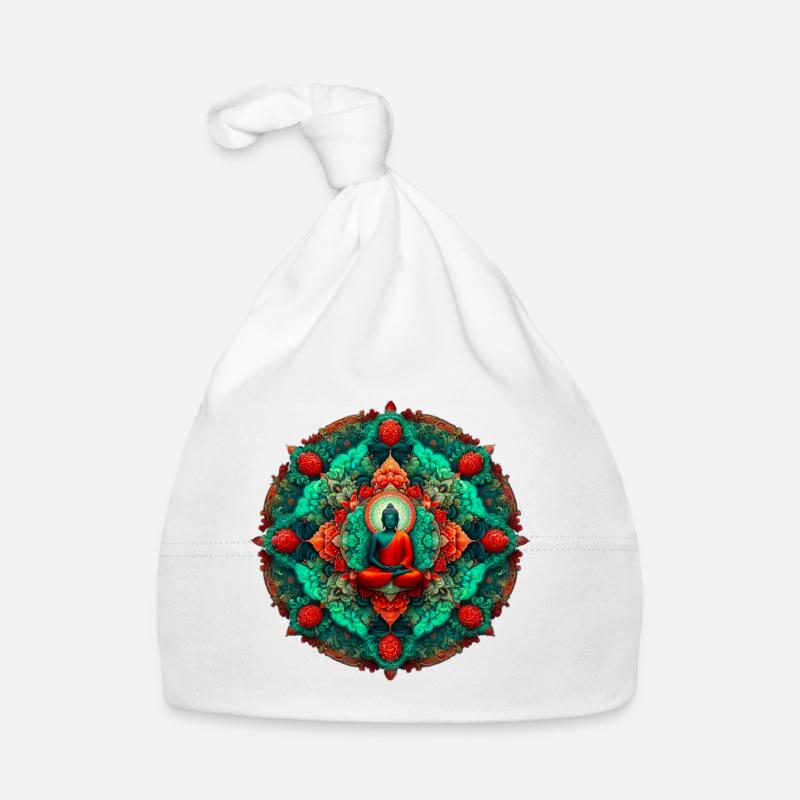 Bouddha Mandala sarcelle - Bonnet bio Bébé - blanc