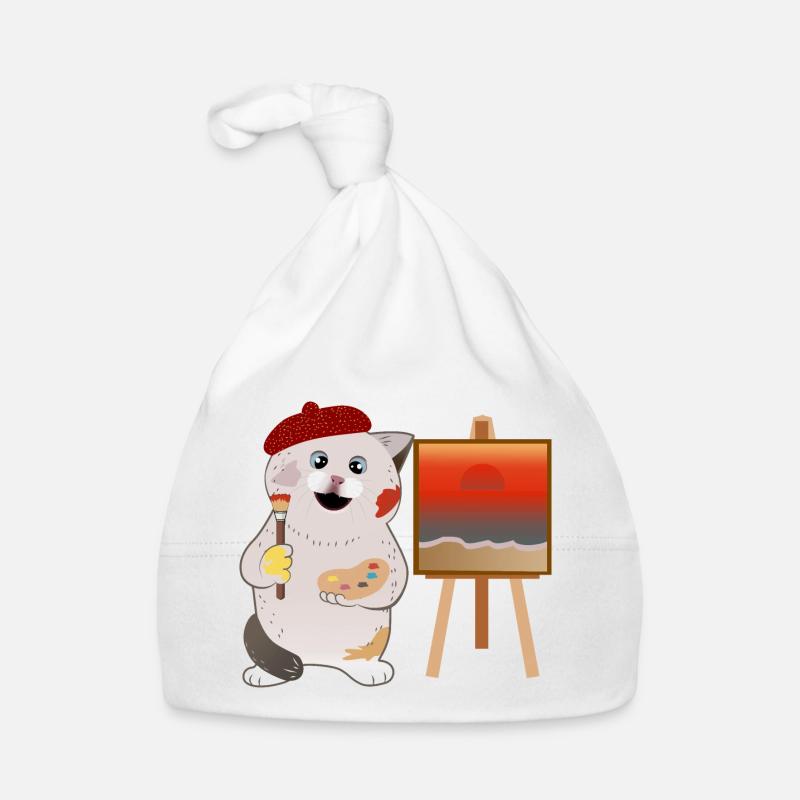 Mignon chat peintre - Bonnet bio Bébé - blanc