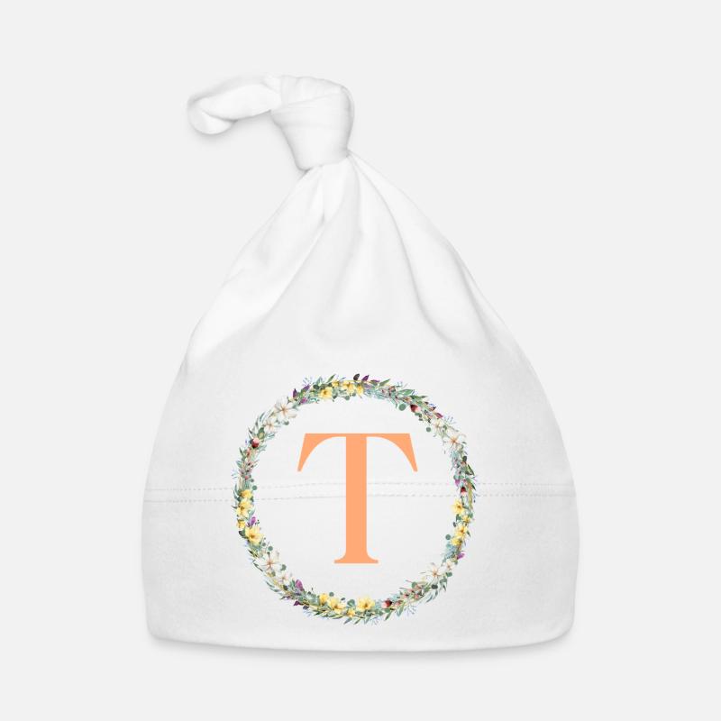 T Monogram, Flower Wreath, Personalizable Organic Baby Cap