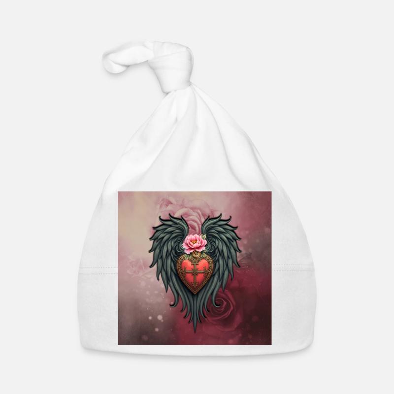 Bouclier en forme de cœur avec ailes et fleur rose Bonnet bio Bébé