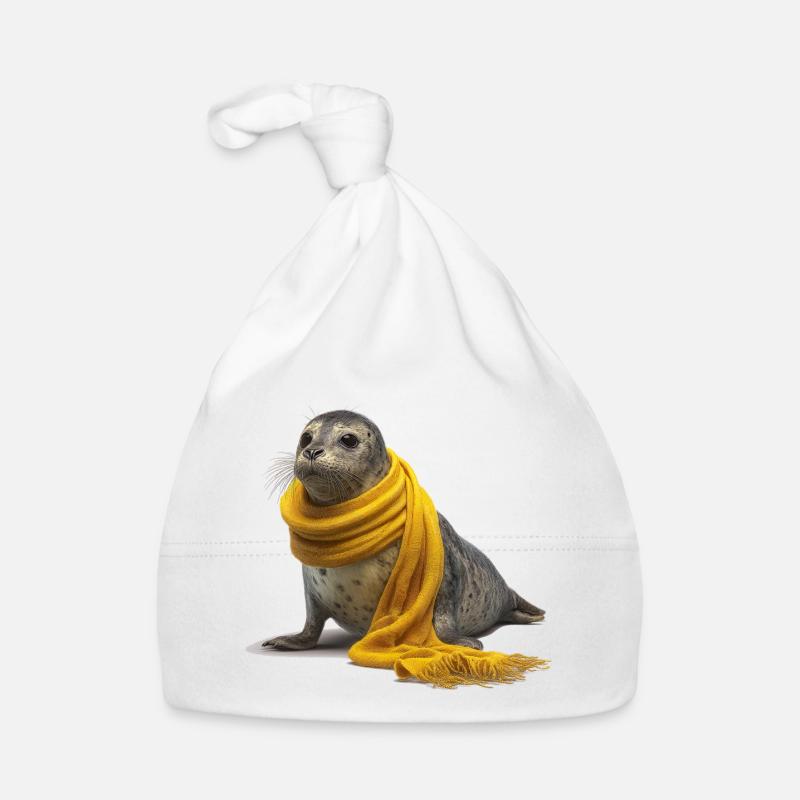 Phoque mignon avec écharpe jaune Bonnet bio Bébé