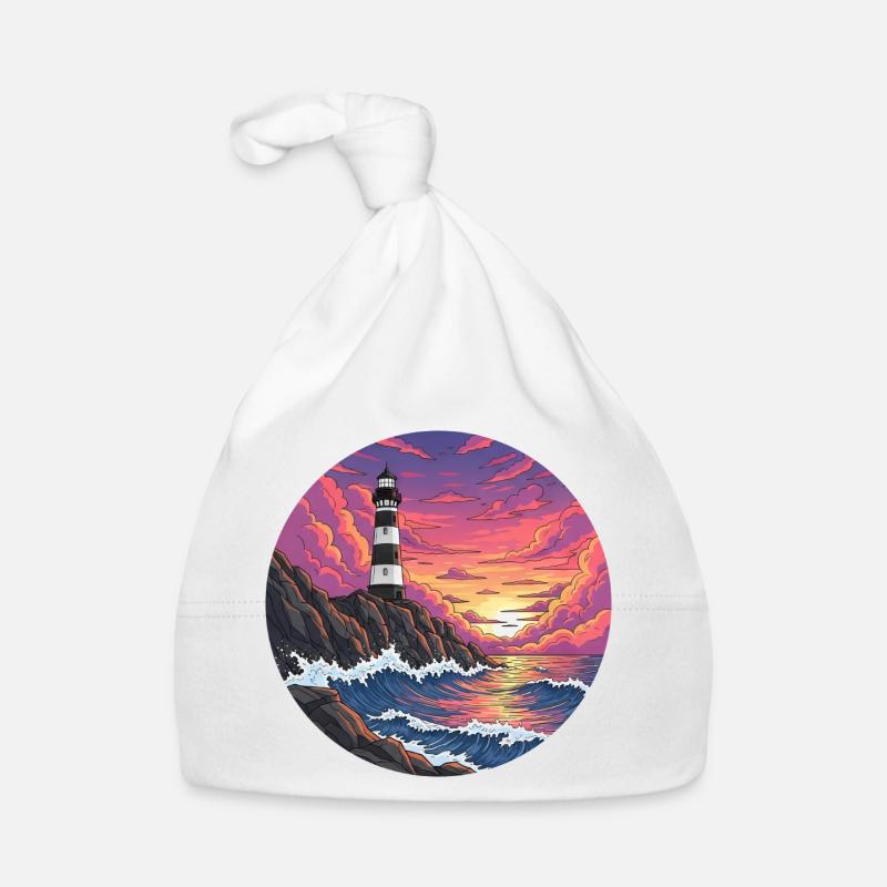 Comic Lighthouse Sea Surf Sunset Organic Baby Cap