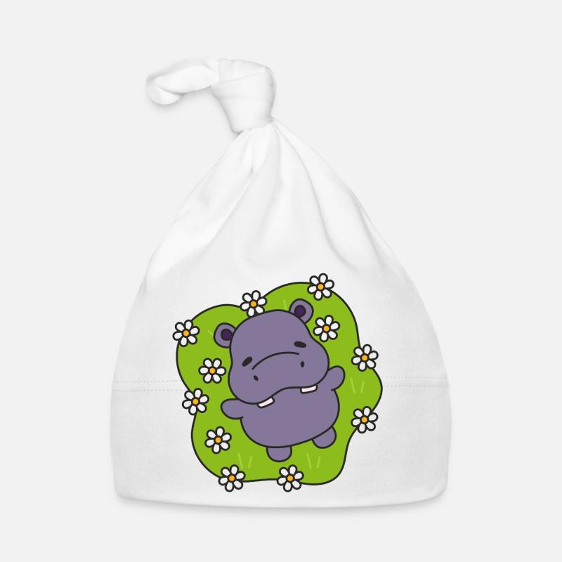 Hippo violet sur gazon fleuri - Bonnet bio Bébé - blanc