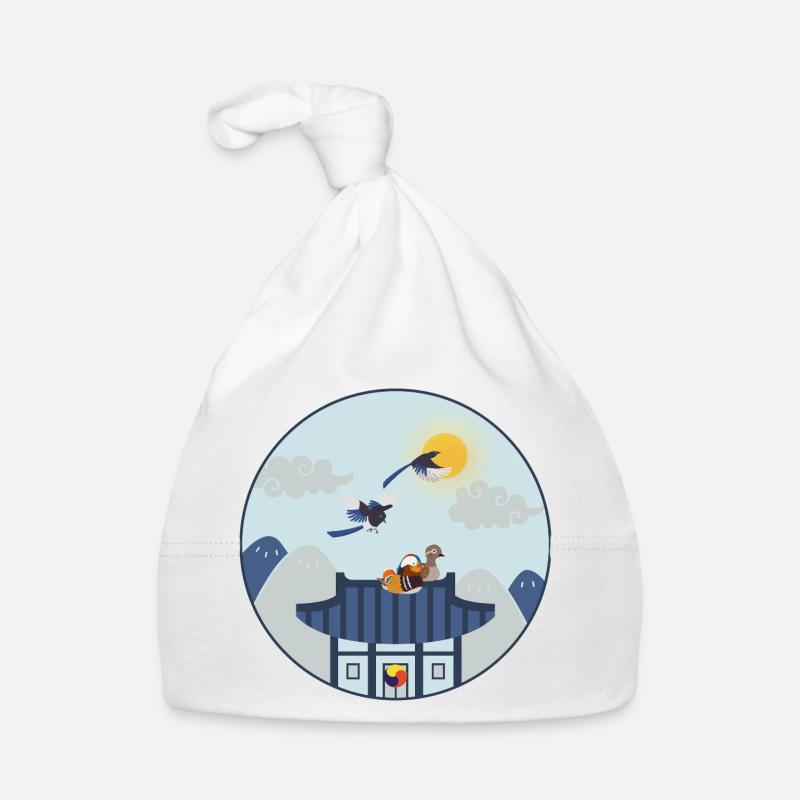Maison coréenne avec des oiseaux – Design traditionnel Bonnet bio Bébé
