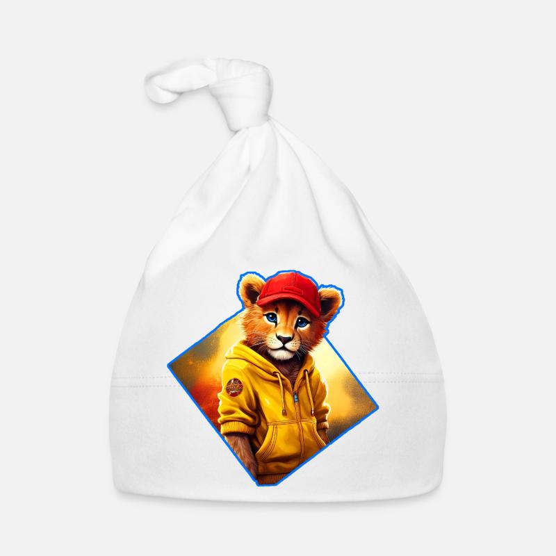 Petit lion à bonnet rouge - Bonnet bio Bébé - blanc