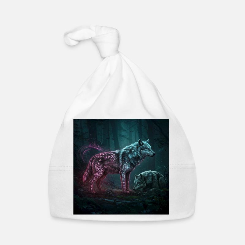 Runes au néon Wolfwald au clair de lune - Bonnet bio Bébé - blanc