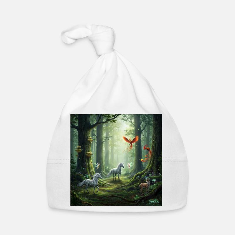 Conte de fées Forêt Licorne Scène de phénix - Bonnet bio Bébé - blanc