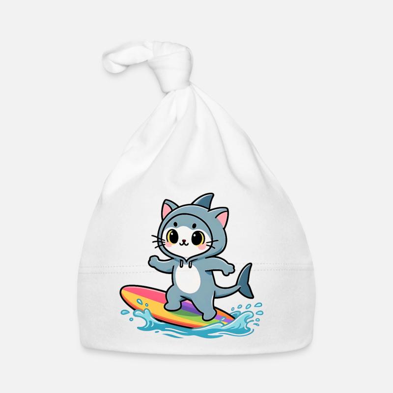 Shark Cat on Rainbow Surfboard Organic Baby Cap
