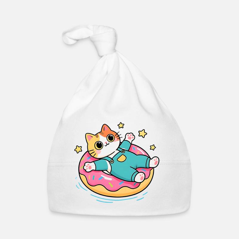 Chat sur donut flottant pastel Bonnet bio Bébé