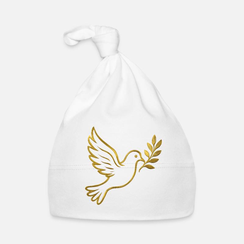 NOUVEAU -- Colombe dorée avec branche d’olivier. Bonnet bio Bébé