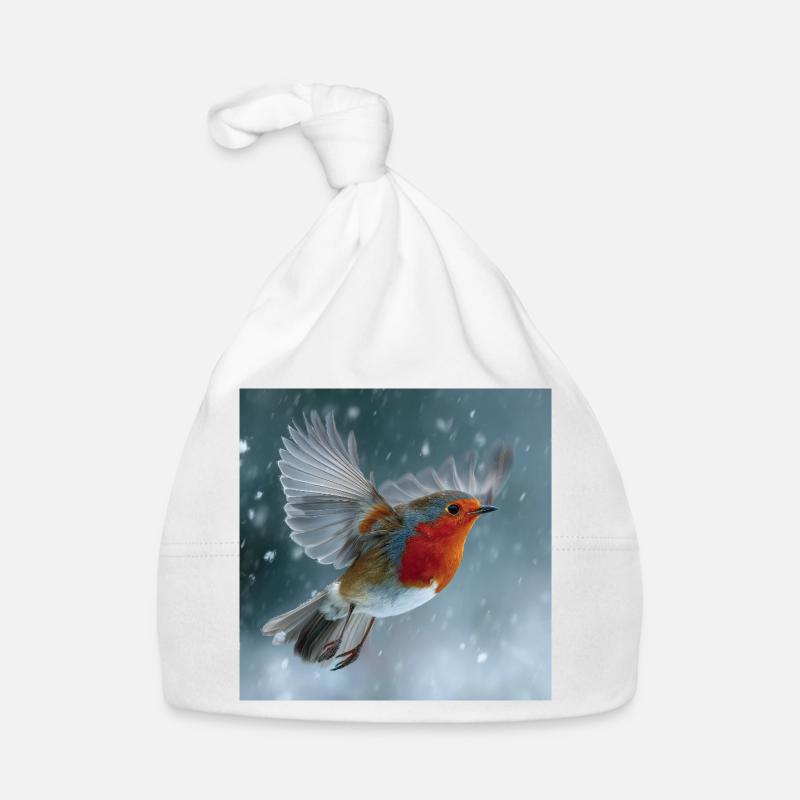 Robins flying in the snow Winter magic in flight Organic Baby Cap