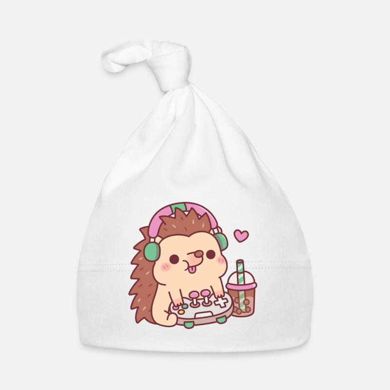 Süßer Igel Mit Gamecontroller Und Boba Tee - Baby Bio-Mütze - Weiß