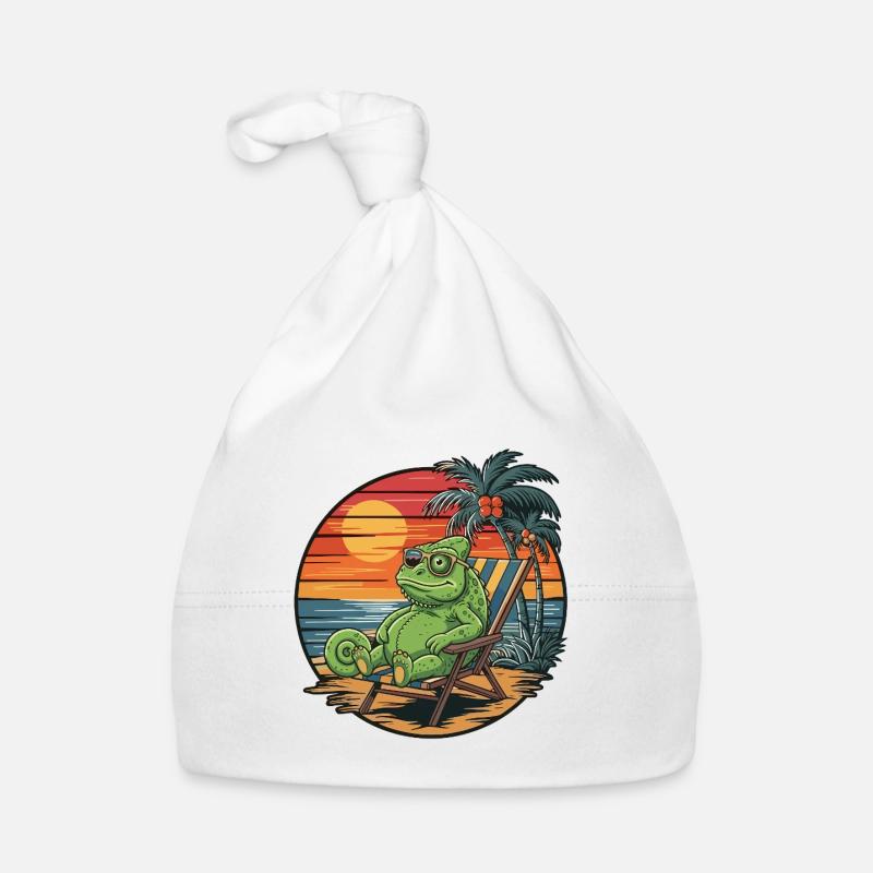 Funny Chameleon on Beach Summer Vacation Sunset Organic Baby Cap