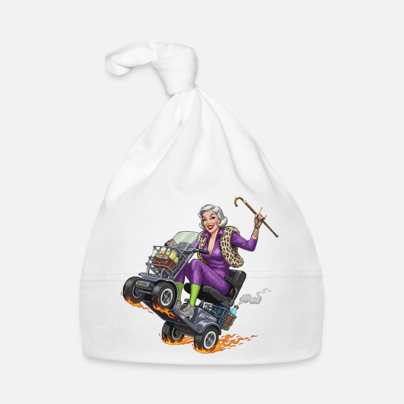 Mamie violette sur un scooter de mobilité de course Bonnet bio Bébé