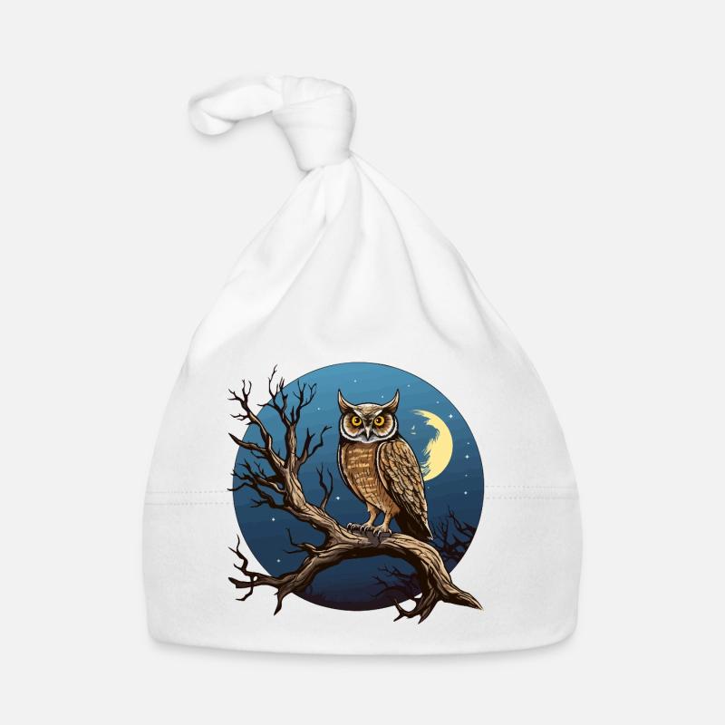 Night Moon Owl in a Round Circle Organic Baby Cap