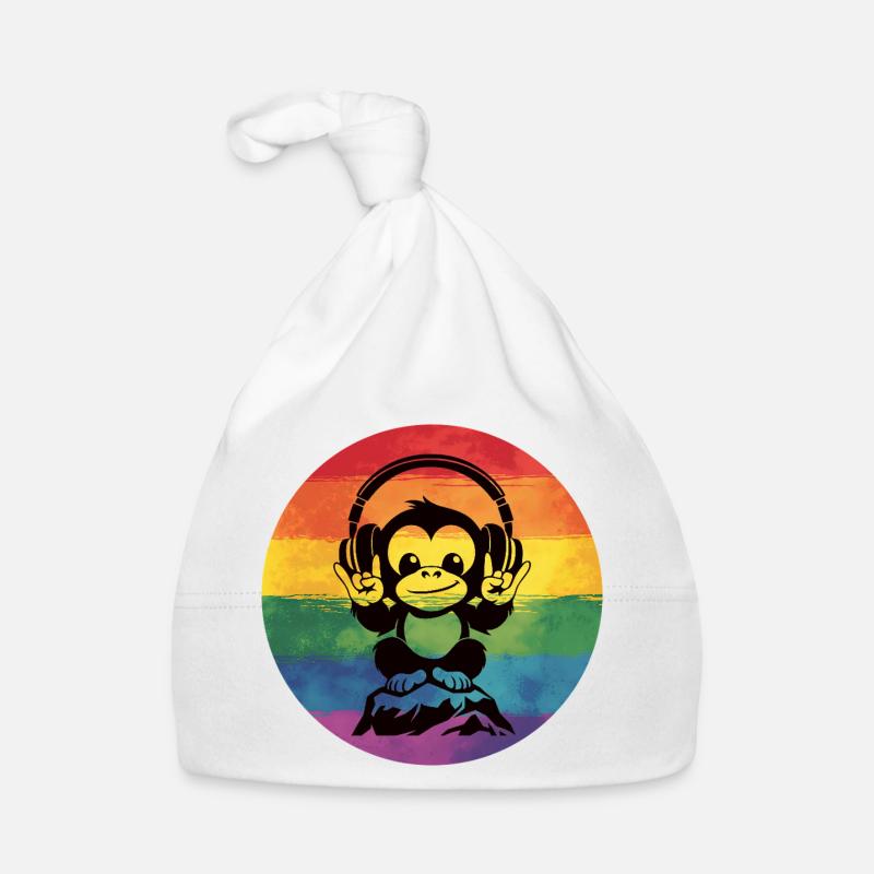 Regenbogen DJ Affe – Kopfhörer Rockhandzeichen Baby Bio-Mütze