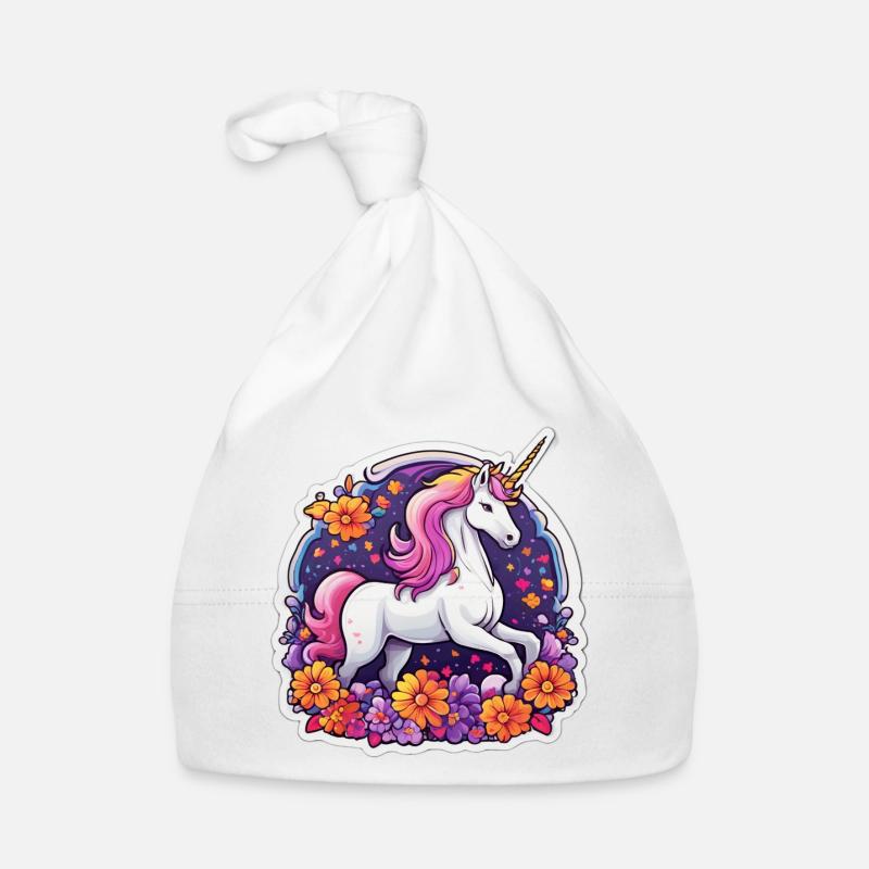 Licorne éclatante entourée de fleurs cosmos Bonnet bio Bébé