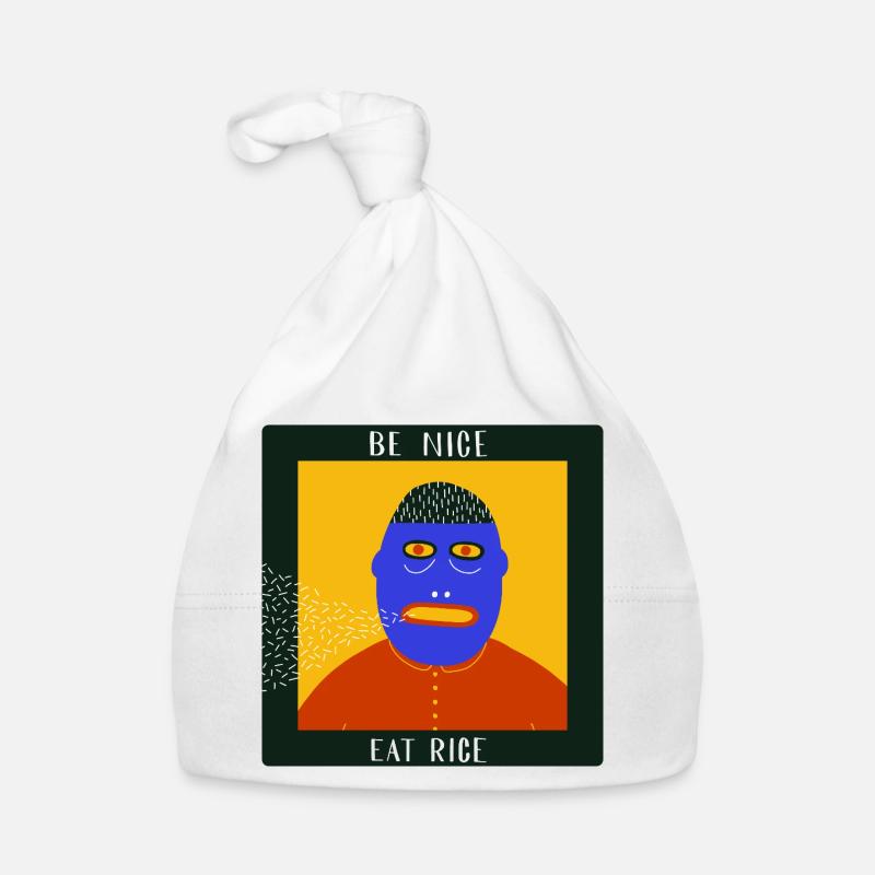 Be Nice Eat Rice : graphique d’art populaire surréaliste et excentrique - Bonnet bio Bébé - blanc