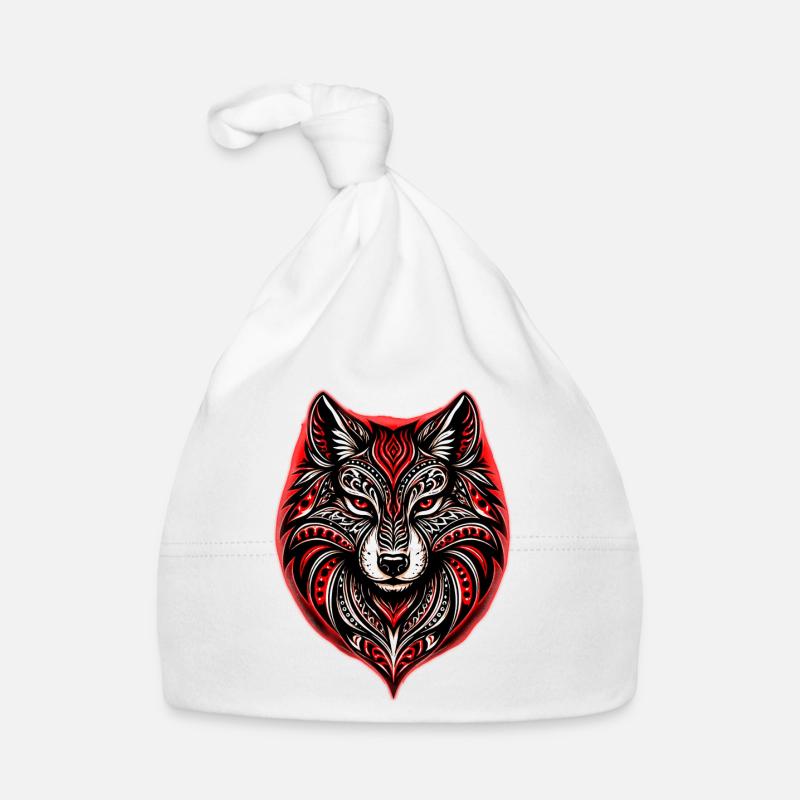 Red and Black Tribal Wolf Organic Baby Cap