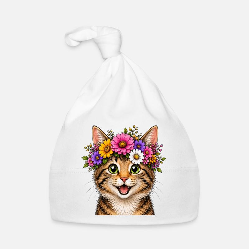 Katze mit Blumenschmuck  Baby Bio-Mütze