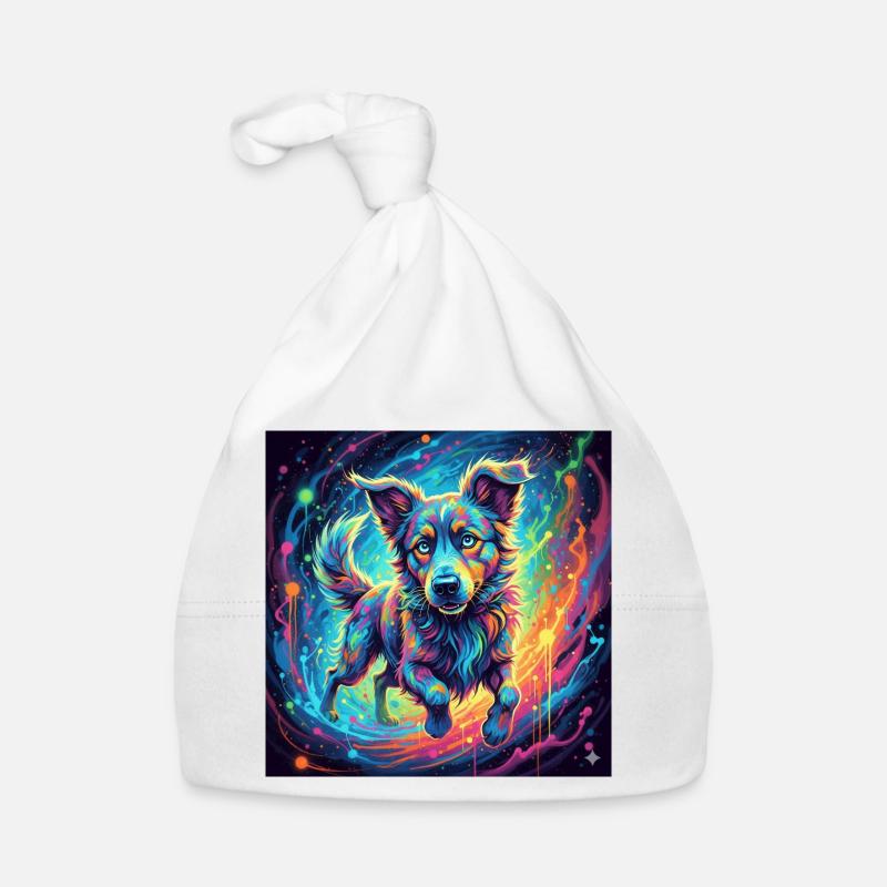 Un chien néon dans un tourbillon de couleurs - Bonnet bio Bébé - blanc