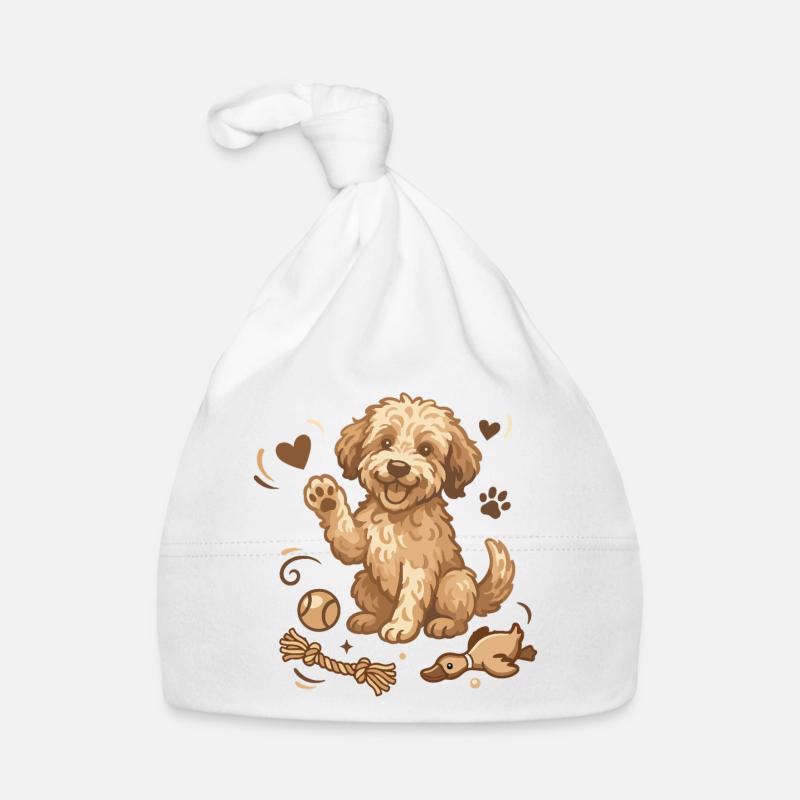 Chiot Doodle avec des jouets Bonnet bio Bébé