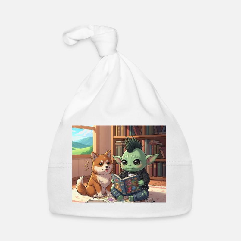 Mischender Kobold mit Hund im Bücherzimmer Baby Bio-Mütze