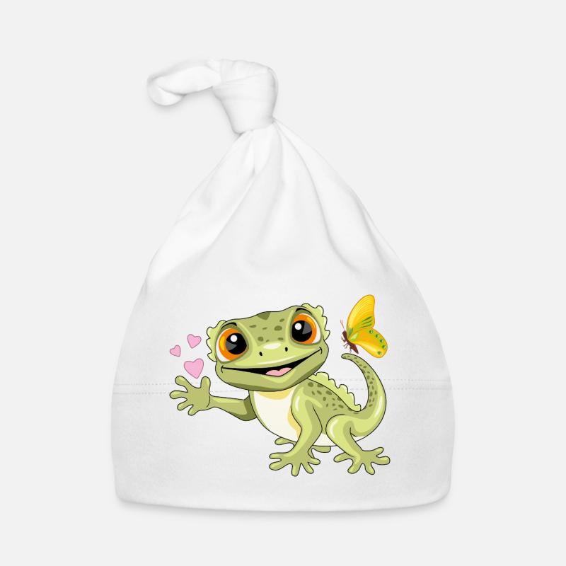 Gecko souriant drôle avec papillon et coeurs Bonnet bio Bébé