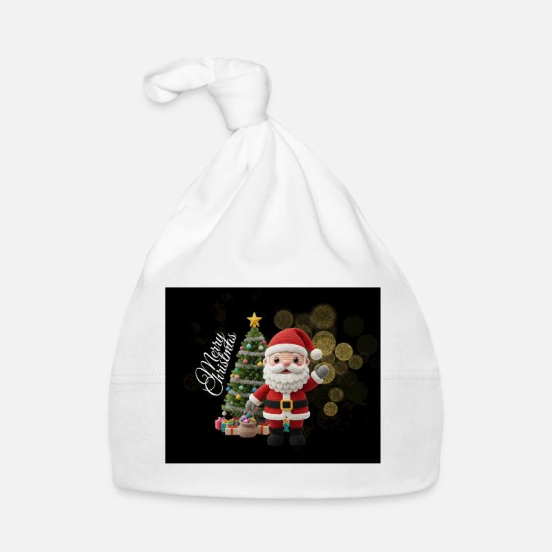 Gestrickter Santa mit Weihnachtsbaum - Baby Bio-Mütze - Weiß