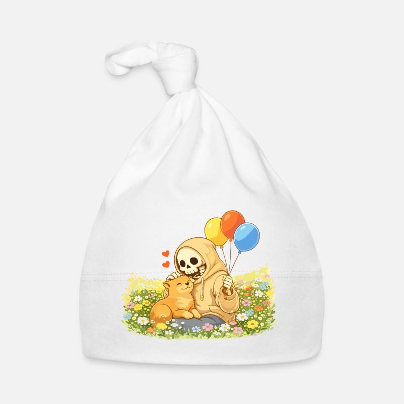 Squelette douillet avec chat sur la prairie fleurie Bonnet bio Bébé