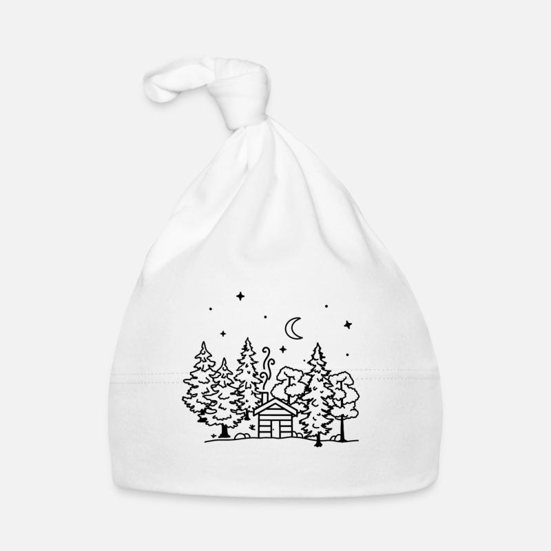 Nature, ciel nocturne, forêt, cabane, camping, hiver - Bonnet bio Bébé - blanc