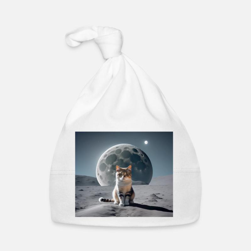 Chat sur la lune - Bonnet bio Bébé - blanc