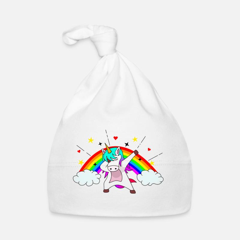 Cooles dabbendes Einhorn vor schönem Regenbogen Baby Bio-Mütze