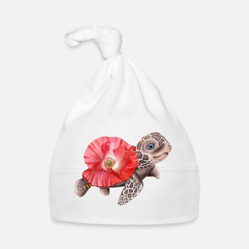 Tortue mignonne au coquelicot - Bonnet bio Bébé - blanc