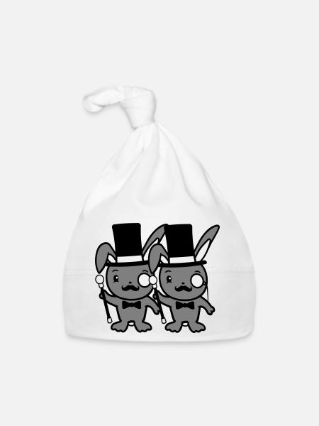 2 lapins Mr. Gentleman chapeau haut de forme Monocle Lunettes - Bonnet bio Bébé - blanc - Devant