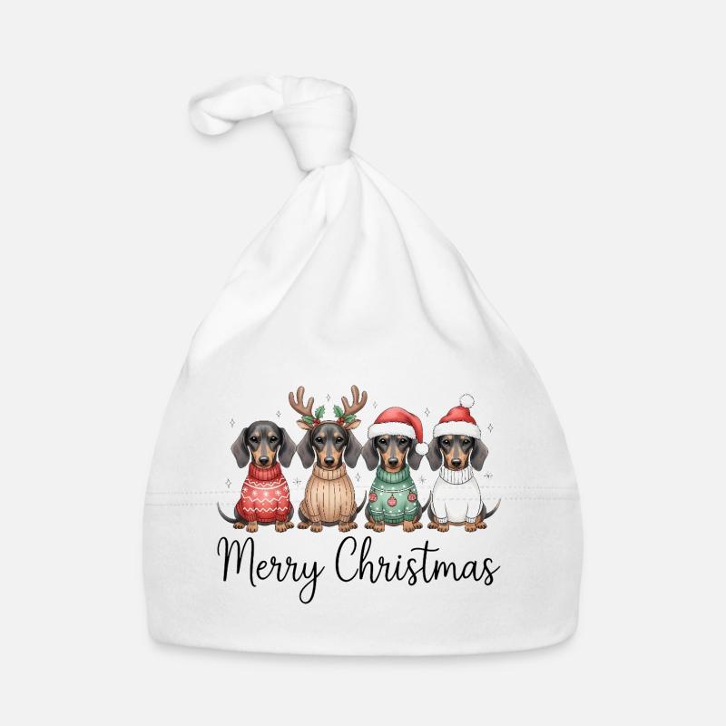 Vier Dackel, Dachshunde in Weihnachtspullover Baby Bio-Mütze