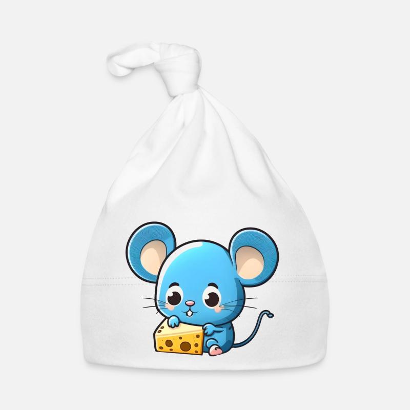 La petite souris comique bleue joue avec le fromage Bonnet bio Bébé