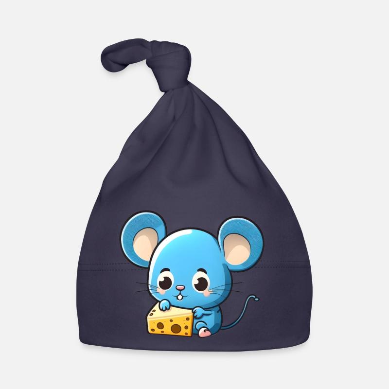 La petite souris comique bleue joue avec le fromage Bonnet bio Bébé