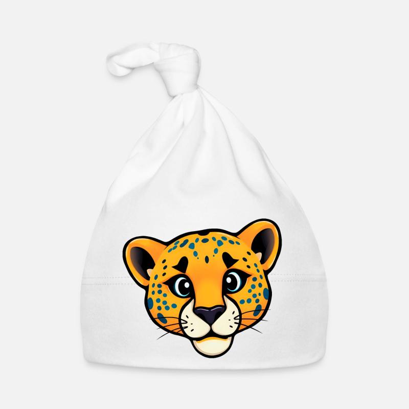 Tête de tigre à points bleus ludique, dessin animé amical Bonnet bio Bébé