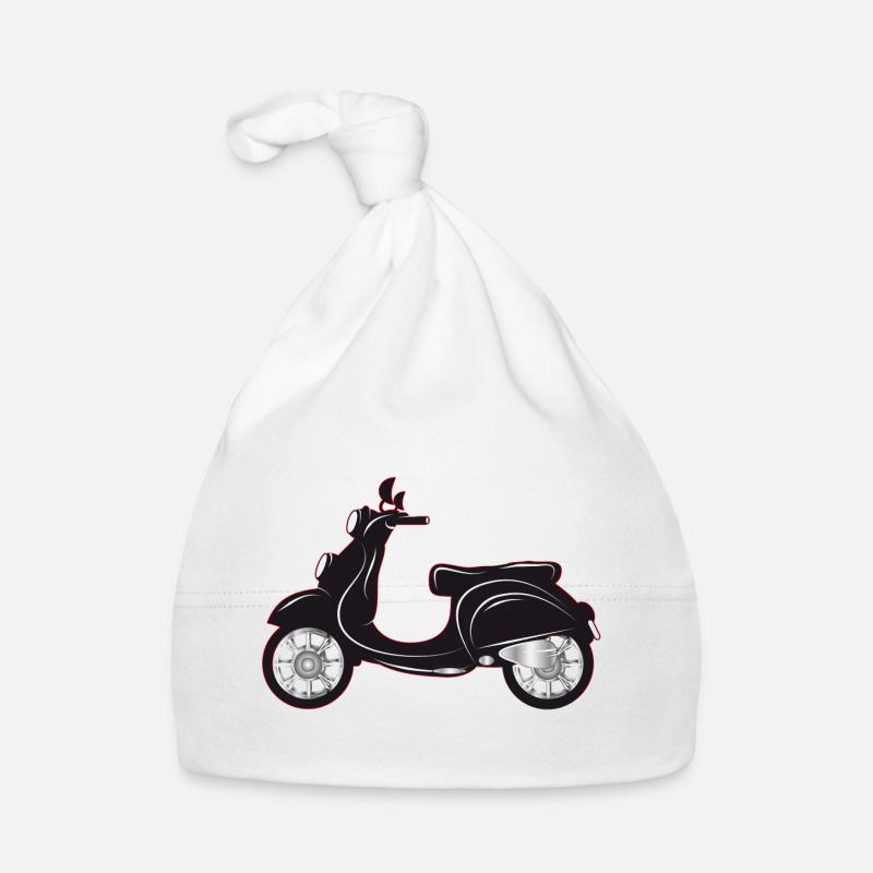 Ein schwarzer Motorroller mit farbigem Rand - Baby Bio-Mütze - Weiß