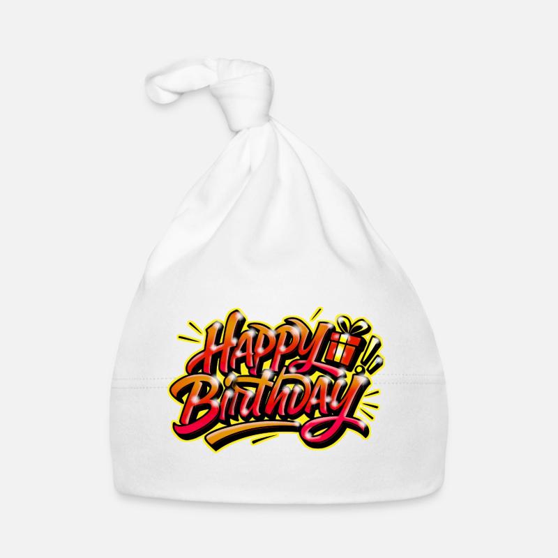 Joyeux Anniversaire Graffiti Jaune Rouge - Bonnet bio Bébé - blanc