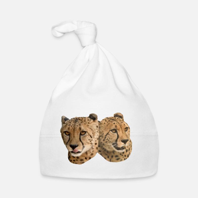 Cheetah Head, Front, Side, Natural - Organic Baby Cap - white