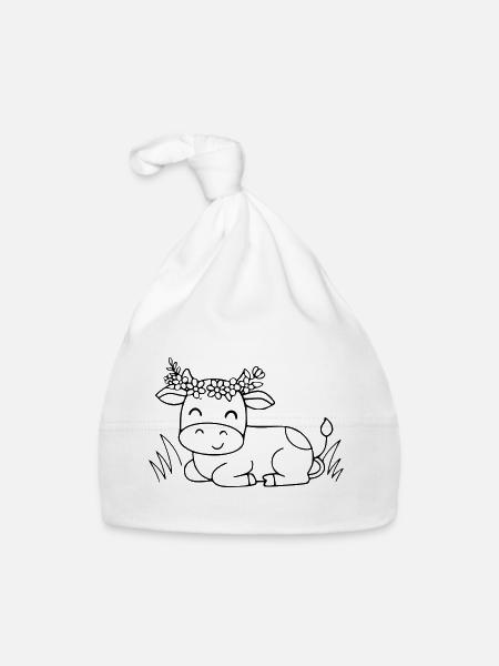 Süße Kuh Blumenkranz Boho Outline - Baby Bio-Mütze - Weiß - Vorne
