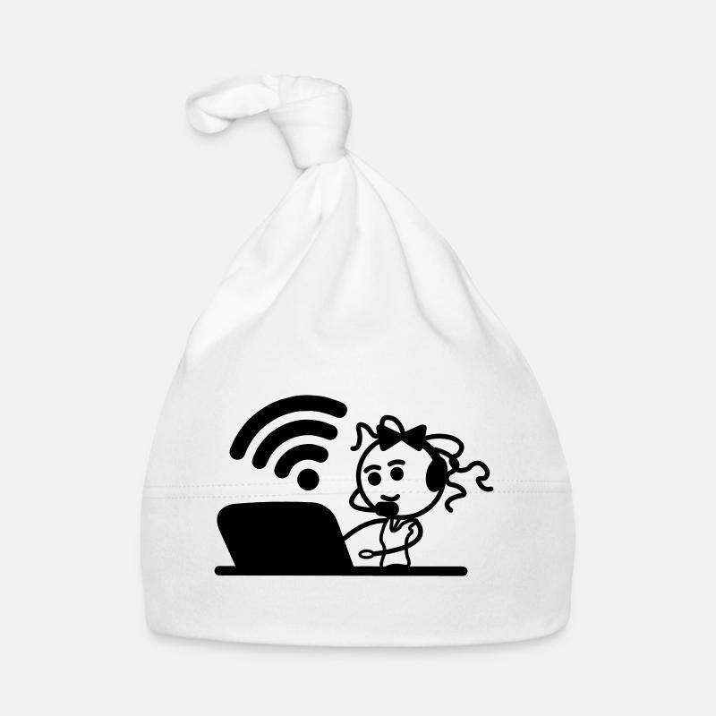 Glückliches Mädchen oder Frau auf Laptop-WLAN Baby Bio-Mütze
